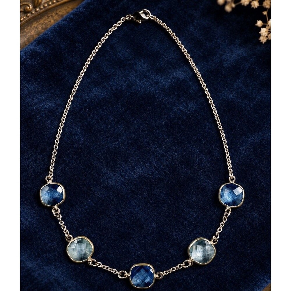 Vintage Avon NRT Blue Faceted Bezel Set Station Necklace Silver Tone 16”